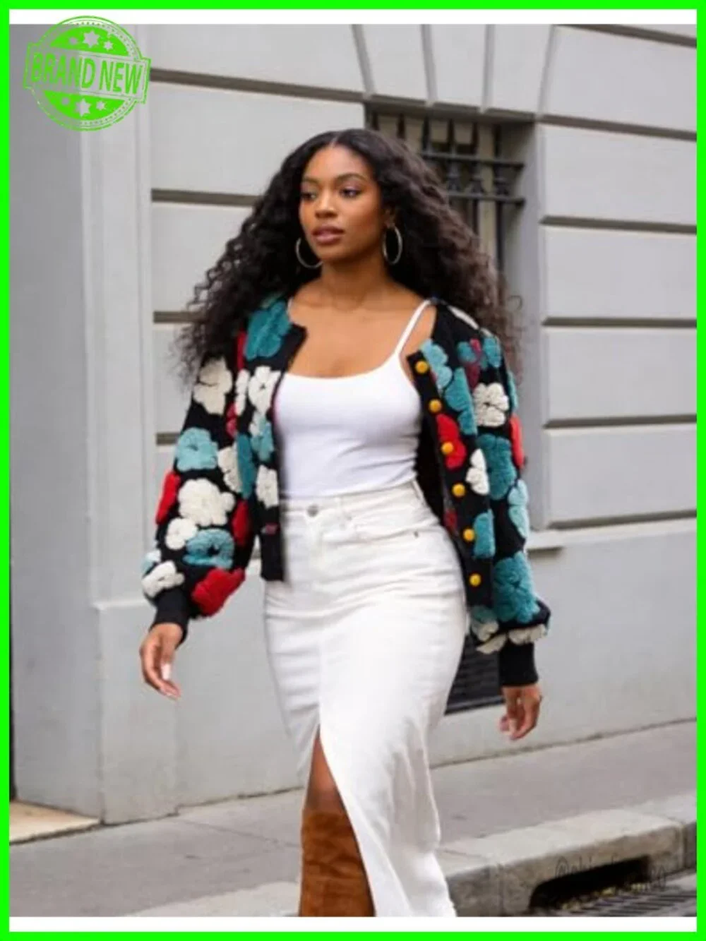 Women's Cropped Floral Fleece Bomber Jacket Casual Button Down Puff Sleeve